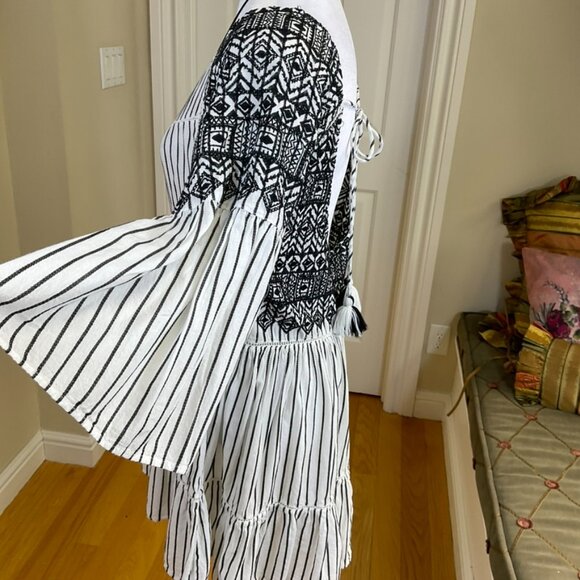 Free People Dress Lola Babydoll Embroidered Striped Mini Black White (S) - Picture 3 of 8